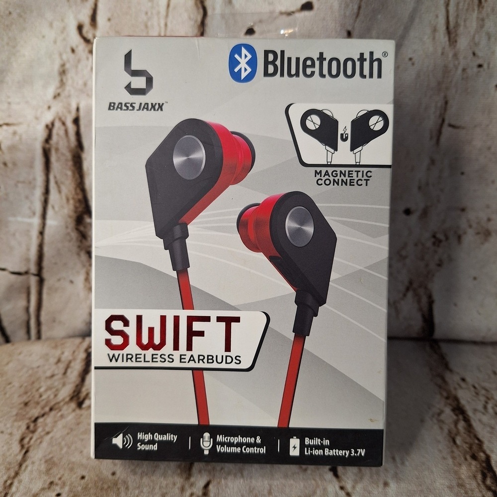 Bass Jaxx Swift Wireless Earbuds Bluetooth 5.0 Magnetic‎ Connect Red Black NEW
